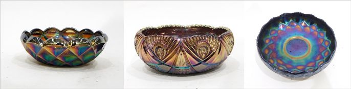 Brockwitz blue carnival glass bowl in the 'Northern Lights' pattern, 24cm diameter,