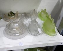 Victorian crackle clear glass butter dish and cover with stand, with green glass snake knop,