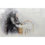 After Ros Goody Colour print Portrait of an old peasant woman with a basket of lace, 376/500,