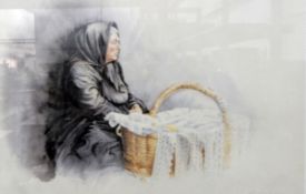 After Ros Goody Colour print Portrait of an old peasant woman with a basket of lace, 376/500,