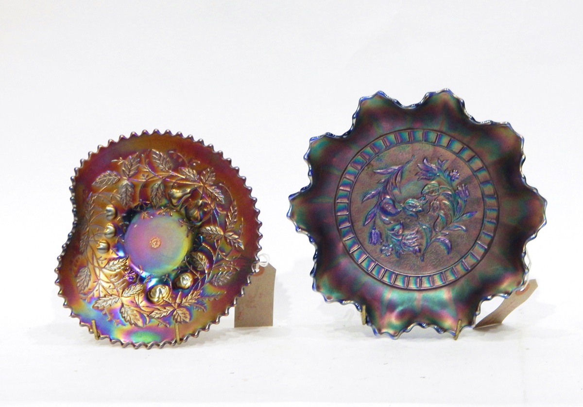 Two Northwood amethyst carnival glass dishes in the 'Three Fruit' pattern, - Image 4 of 5