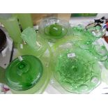 Quantity of green pressed glass including comport, dressing table set,