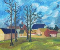 K T Luke Acrylic on board Farm buildings with trees in foreground, 56cm x 67.
