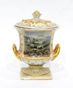 Royal Stone China Rosselle ware lidded urn with panels of game birds and chinoiserie decoration to