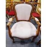 Louis XV style armchair with upholstered panel back, padded arms, stuffover seat,