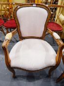 Louis XV style armchair with upholstered panel back, padded arms, stuffover seat,