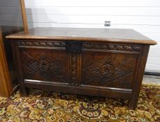 18th century oak coffer, the twin plank top with original staple hinges,