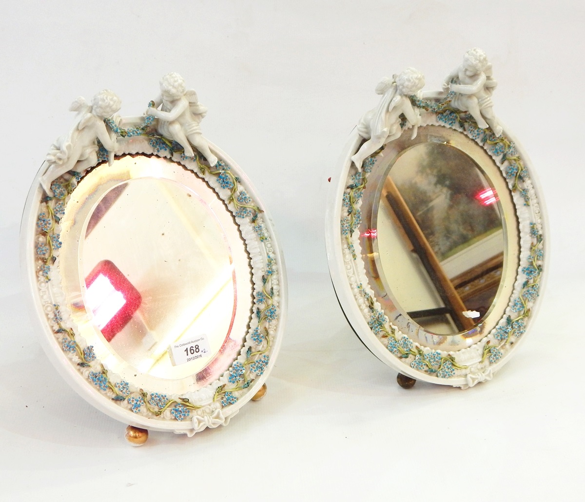 Pair of 19th century Dresden porcelain easel mirrors,