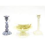 Victorian Sowerby opaque cream pressed glass candlestick of column form, on square base,