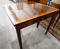 19th century mahogany foldover tea table with satinwood cross-banding, frieze drawer,