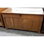 18th century oak coffer with two plank top, iron strap hinges,