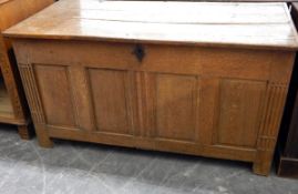 18th century oak coffer with two plank top, iron strap hinges,