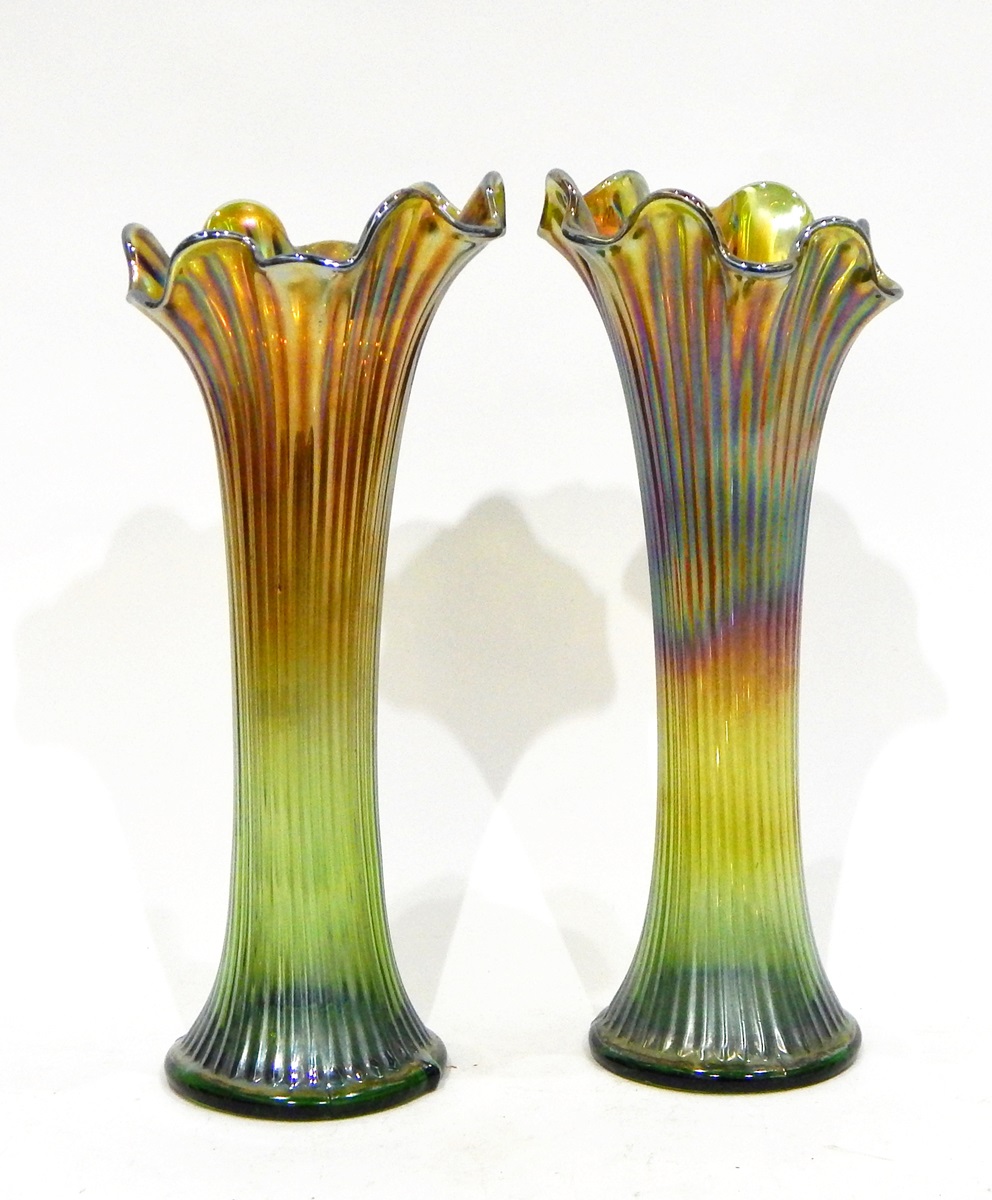 Two pairs of green tall ribbed carnival glass vases with flared rims, both 28cm high approx. - Image 4 of 4