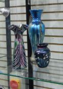 Okra blue lustre glass vase, slender baluster shape with stylised floral decoration, 31cm high,