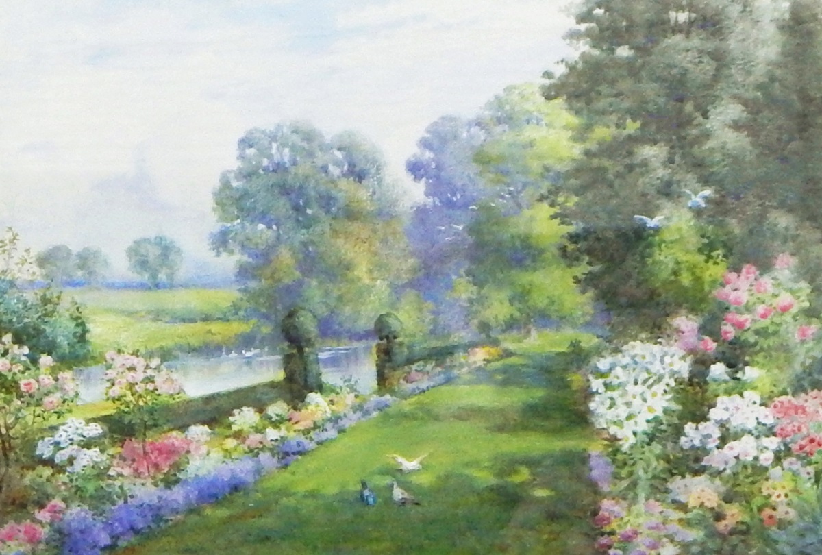 Noel Smith (19th century school) Watercolour drawing English country garden beside river with
