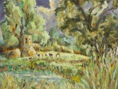 20th century school Oil on canvas Meadow with pond and cows, having church in distance,