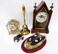 Brass handbell, a valet set comprising a pair of clothes brushes and a velvet framed mirror,