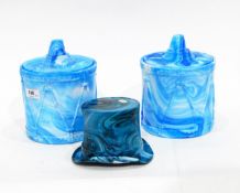 Two Victorian blue marbled pressed glass tobacco jars and covers modelled as military drums,