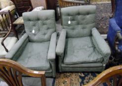 Pair of late 19th/early 20th century upholstered armchairs, on short mahogany legs,
