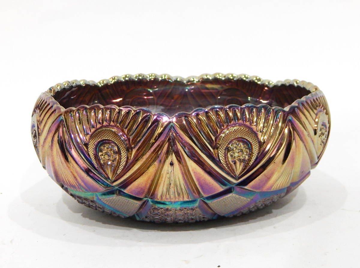 Brockwitz blue carnival glass bowl in the 'Northern Lights' pattern, 24cm diameter, - Image 2 of 4