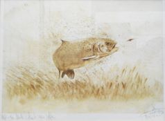 Print of a leaping salmon about to catch the fly, inscribed in margin in pencil "A/P to Mark,