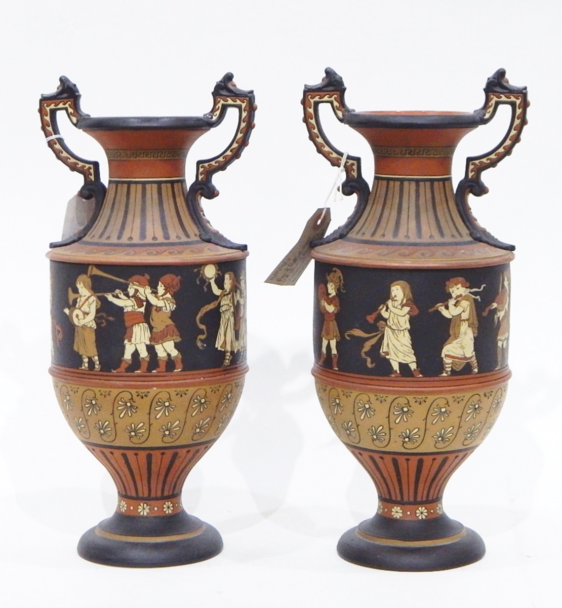 Pair of Mettlach Greek-style stoneware vases of two-handled baluster form,