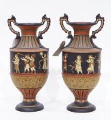 Pair of Mettlach Greek-style stoneware vases of two-handled baluster form,