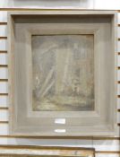 N Stewart-Jones Oil on hardboard Stylised landscape depicting chalk man on hill,