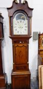 Early 19th century oak longcase clock, the hood with swan-neck pediment,