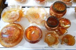 Marigold carnival glass from Fenton, various pieces including rose bowls, muffin dish, etc.