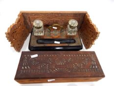 Brass desk pen and ink stand with moulded glass ink bottles, various collectables,