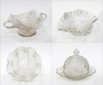 Five items of white carnival glass to include a plate by Fenton, in the 'Orange Tree' pattern,