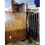 Inlaid wooden tray with inlaid swallows and 'Nous Reviendrons, a carved bookshelf,