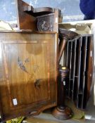 Inlaid wooden tray with inlaid swallows and 'Nous Reviendrons, a carved bookshelf,