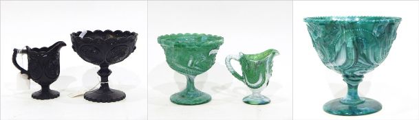 Victorian marbled green pressed glass cream jug and pedestal sugar bowl set by Henry Greener & Co,