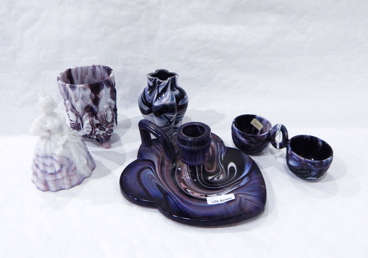 Victorian Sowerby purple marbled pressed glass chamberstick, the base modelled as a leaf, 16cm long,