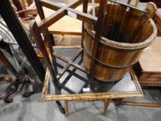 Lacquered bamboo table, a coopered pail with iron swing handle,