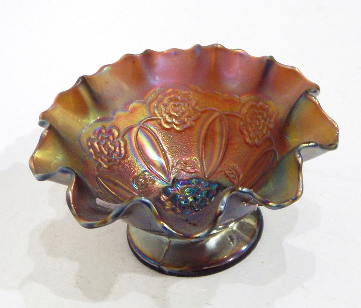 Amethyst carnival glass bowl by Dugan, in the 'Double Stem Rose' pattern, 18cm diameter, - Image 2 of 6