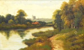 E Meadows Oil on canvas River landscape with castle in distance, signed bottom right and left,