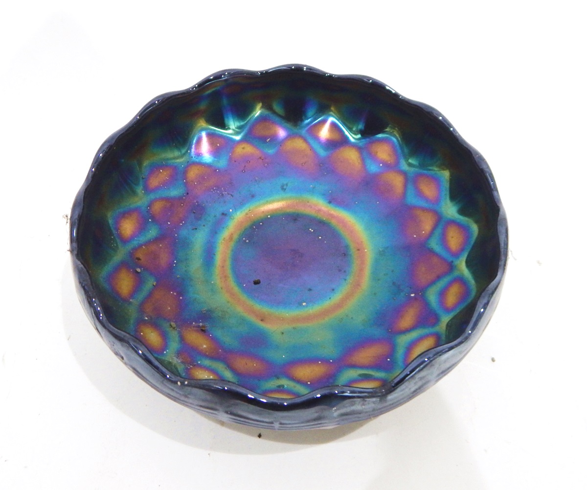 Brockwitz blue carnival glass bowl in the 'Northern Lights' pattern, 24cm diameter, - Image 3 of 4