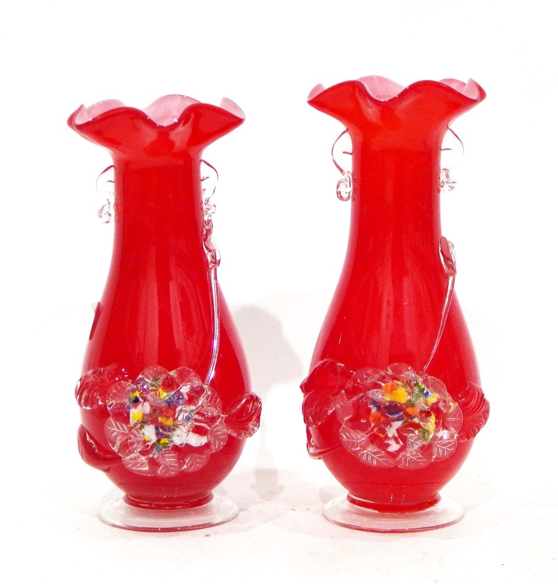 Pair of red glass vases of baluster form, with applied rose decoration, - Image 2 of 3