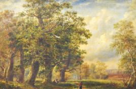 19th century English school Oil on canvas Wooded landscape with woman wearing shawl and dog