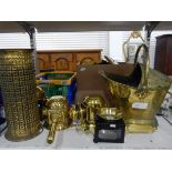 Quantity of brassware including a large coal scuttle, brass carriage lamps, a brass umbrella stand,