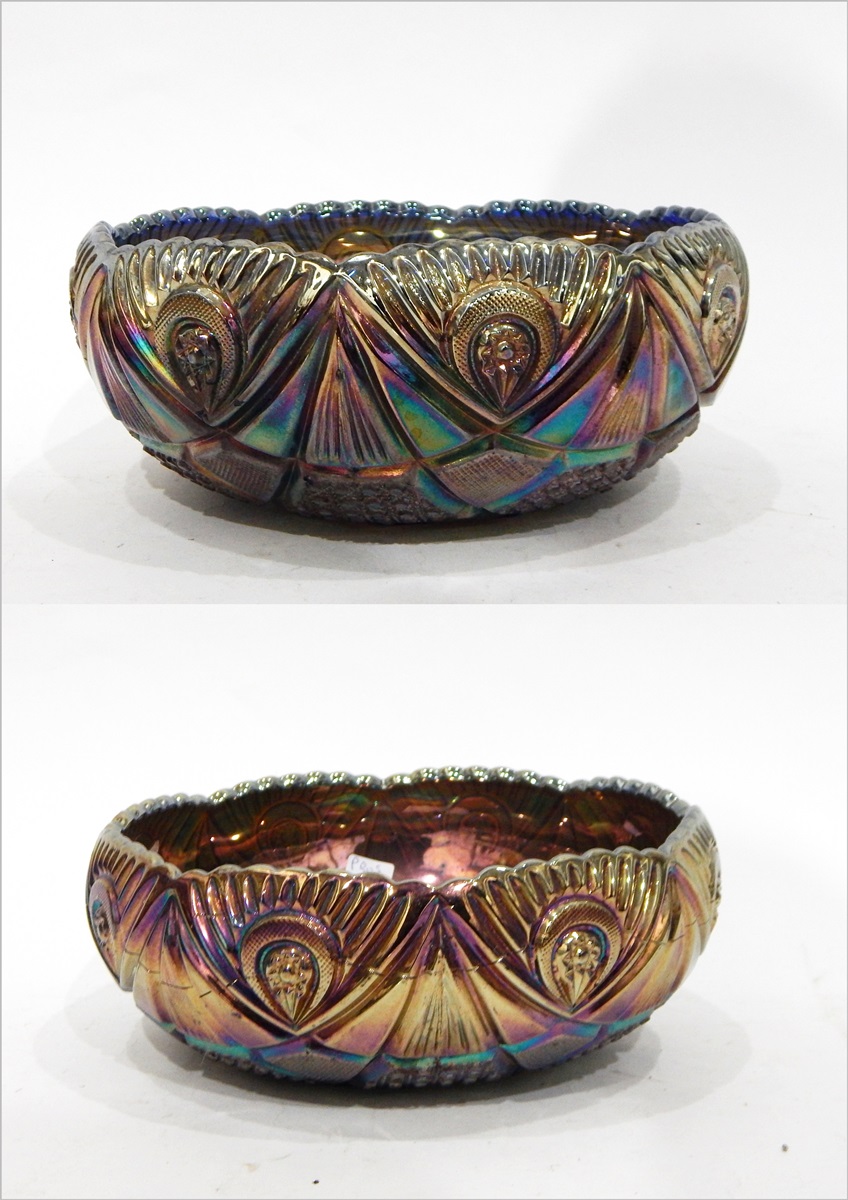 Two Brockwitz blue carnival glass bowls in the 'Northern Lights' pattern, both 25cm diameter,