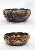 Two Brockwitz blue carnival glass bowls in the 'Northern Lights' pattern, both 25cm diameter,