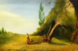 J Linnell (modern) Oil on canvas Couple in a meadow beneath a tree with children climbing,