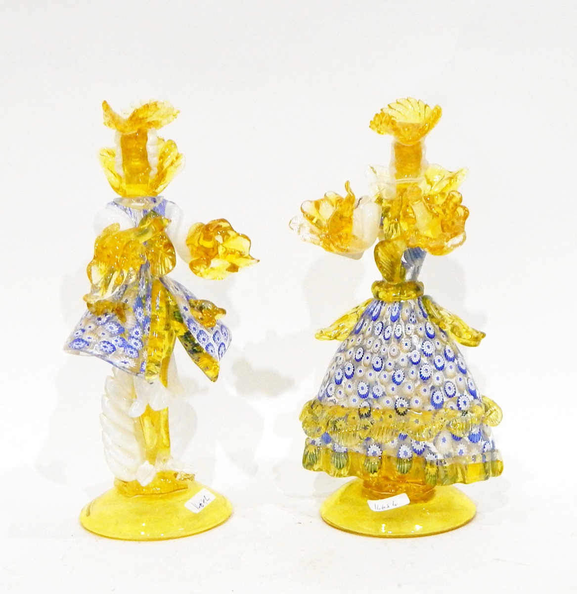Pair of Murano glass figures of a gentleman and lady in elaborate yellow costumes, - Image 4 of 4