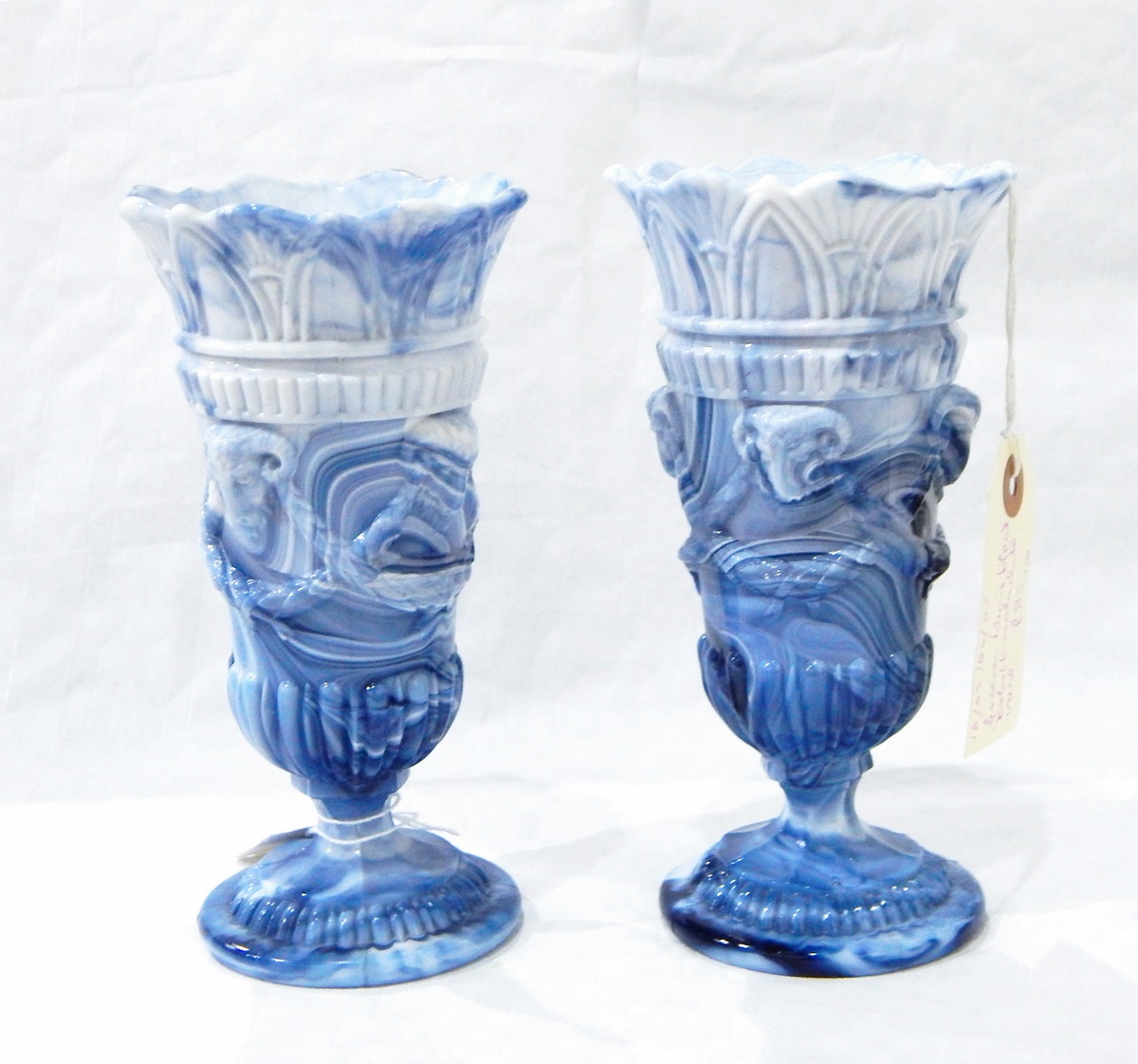 Pair of Victorian blue marbled pressed glass vases of urn form with borders of Greek key pattern, - Image 3 of 3