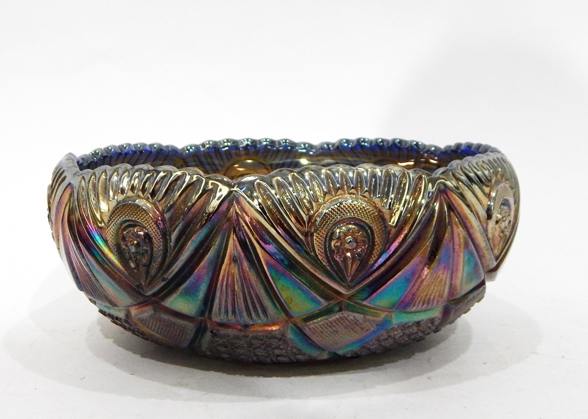 Two Brockwitz blue carnival glass bowls in the 'Northern Lights' pattern, both 25cm diameter, - Image 2 of 4