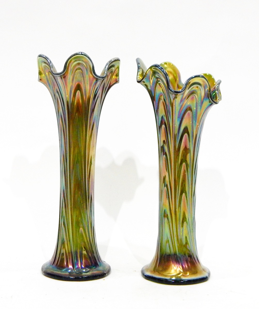 Two pairs of green tall ribbed carnival glass vases with flared rims, both 28cm high approx. - Image 3 of 4